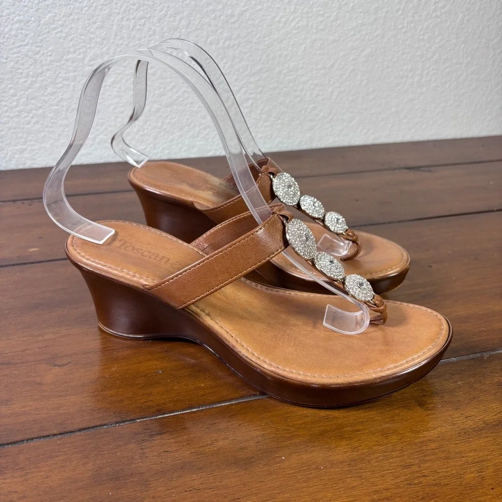 Toscanella Wedge Sandals Womens 8 Brn Leather Crystal Embellished Made in Italy